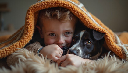 Boy hugging dog under orange blanket indoors with cozy atmosphere  