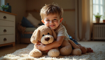 Young boy hugging stuffed dog while sitting on carpet indoors  