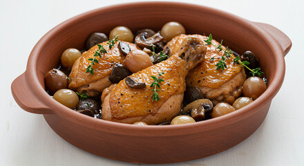 A rustic ceramic bowl with tender chicken braised in red wine, garnished with pearl onions, mushrooms, and fresh thyme. The sauce is rich and glossy. Served on a white surface