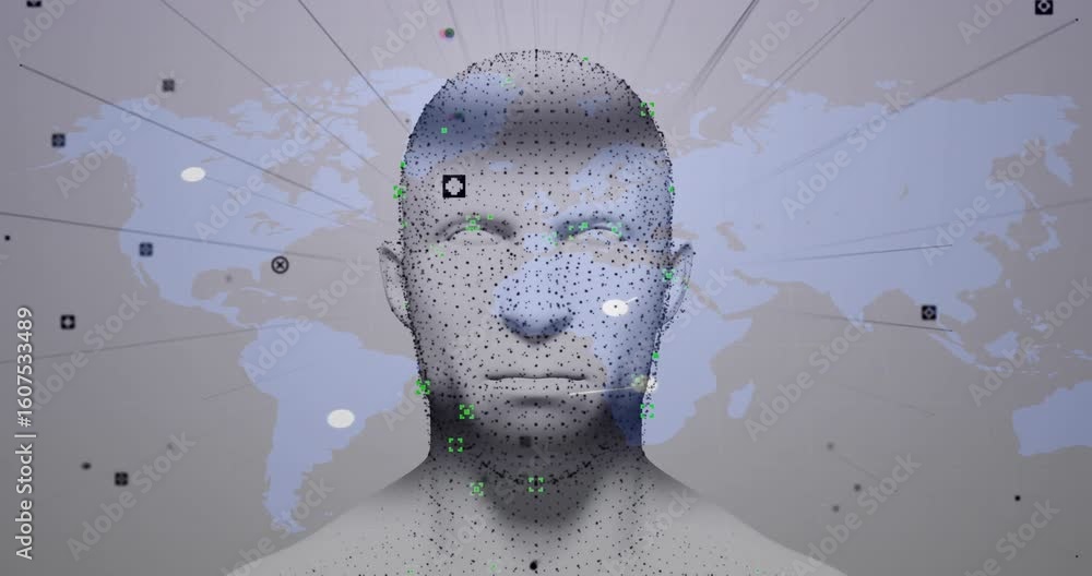 Poster after map outline filling frame, 3d head rising while nodes connecting to show global data network