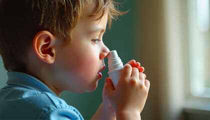 Young boy using nasal spray while sitting indoors by a window  