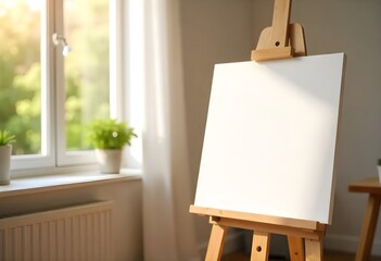 Wooden easel with clean paper and art supplies in room