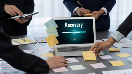 Analyst team use sticky note for creative and analytic brainstorm for business idea with BI data...