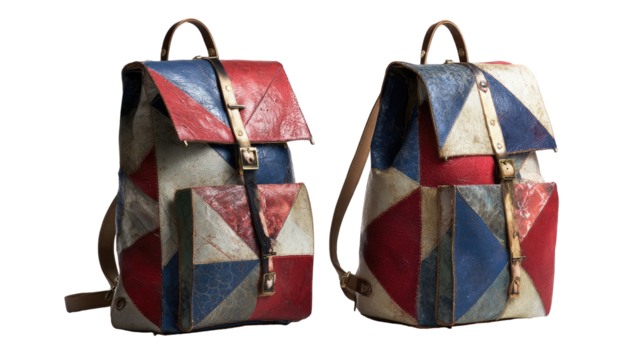 Two leather backpacks, crafted from patchwork panels of various colors, primarily red, white, and blue.  Durable, vintage-style design.  Shoulder straps and closure details are leather