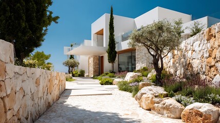 Luxury villa exterior presents striking modern design. White architecture blends with Mediterranean landscape. For real estate, travel, lifestyle marketing, design.