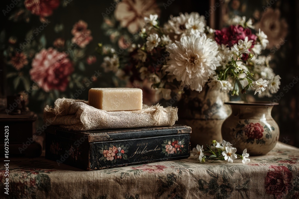 Poster old-fashioned soap displayed on vintage books surrounded by flowers in a rustic setting with warm li