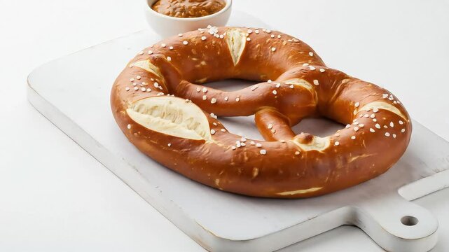 A large, freshly baked Bavarian pretzel with a deep golden-brown crust and coarse salt on top, served on a white wooden board. A small ceramic bowl of spicy brown mustard is placed beside it.