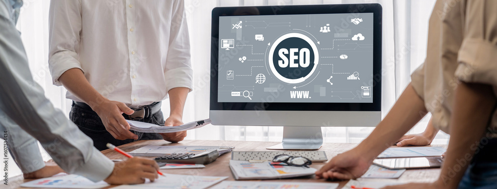 Aufkleber seo search engine optimization for brisk e-commerce and online retail business showing on computer s