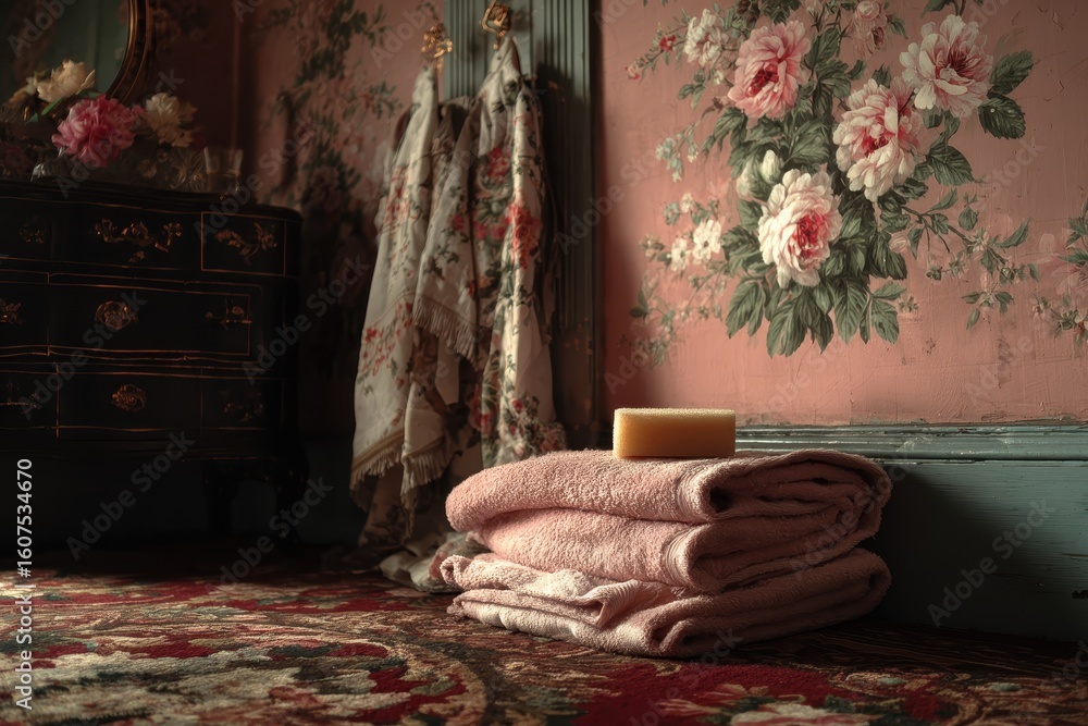 Poster old-fashioned soap displayed on vintage books surrounded by flowers in a rustic setting with warm li