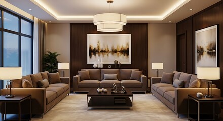 Fototapeta premium Warm and elegant dining interior room with soft lighting and wooden accents