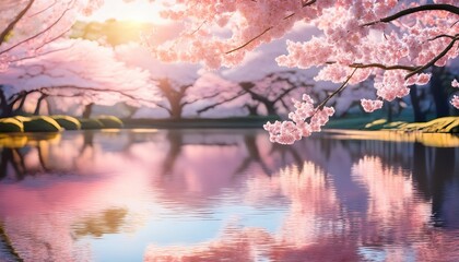 serene cherry blossom scene with reflective water and soft light
