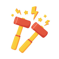 Two colorful toy hammers with scattered yellow star shapes and lightning bolts