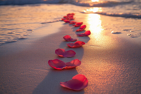 Pink rose petals scattered on beach sand with ocean waves at golden sunset, romantic seaside concept

