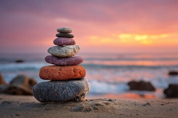 Colorful stacked stones create a serene focal point against a vibrant sunset over a tranquil sea