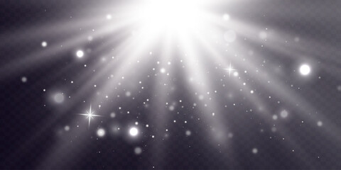 Bright white star. Special effect of light flash with rays of light and magic sparks. Vector.