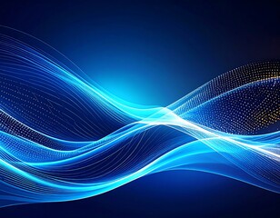 Abstract digital wave design.  Blue glowing lines and shimmering particles form sinuous waves against a dark backdrop