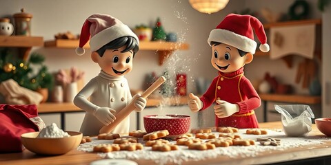 Flour flies as two figures playfully bake Christmas cookies in a cozy kitchen, warm, sweet