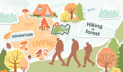 Hiking Wild Adventure horizontal banner. Forest trees, silhouettes of people, tent and campfire, mountains, map, mushrooms and autumn leaves. Vector cartoon illustration. Outdoor activities concept. 
