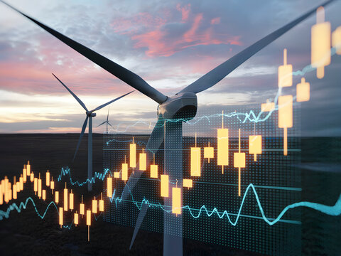 Dynamic wind turbine energy production with stock market data overlay showing investment growth and sustainable development for the future