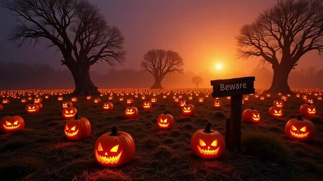Spooky Halloween pumpkin patch glows with eerie light at sunset, a captivating scene for seasonal events.