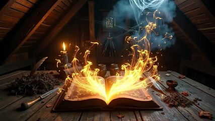 Mysterious ancient spellbook glows with arcane energy under flickering candlelight in dimly lit attic