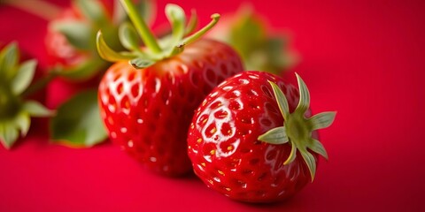 Single ripe organic strawberry on vibrant red backdrop,  nature,  fresh