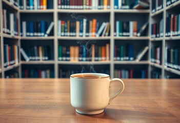 Fototapeta premium Steaming coffee in a ceramic mug rests on a library table; blurred bookshelves behind, steam, cozy
