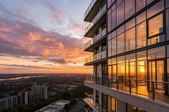 Aerial drone shot of a modern building facade illuminated by sleek LED lighting at dusk, capturing the contrast between the urban night skyline and contemporary architecture
