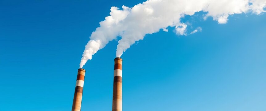 Tall industrial smokestacks belch white plumes into a vibrant blue sky,  smokestack,  nature