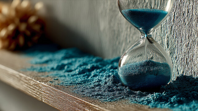 Colorful blue sand spilling from glass hourglass on a wooden shelf near wall in bright ambient light