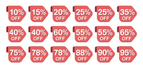 Collection of red sale tags with various percentage discounts off