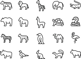 Zoo animals vector icon set black silhouette print design