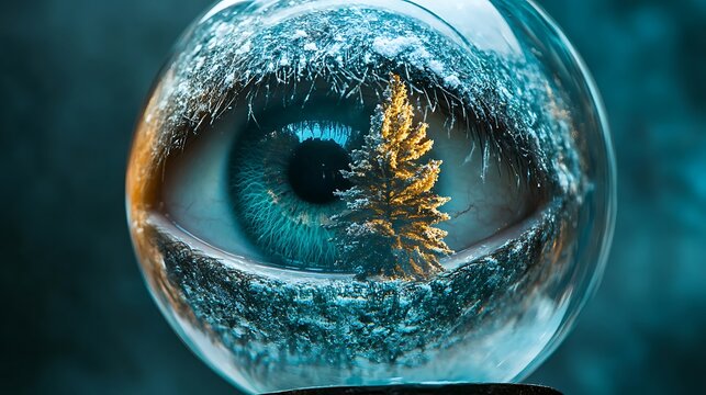 Vortex snow globe with glowing pine tree at the eye