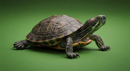 Obraz premium Adorable red-eared slider turtle basking on vibrant green backdrop, great pet and wildlife concept