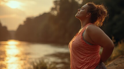 Woman enjoying a moment of tranquility by the river during a sunny day in the countryside, reflecting on nature and personal well-being