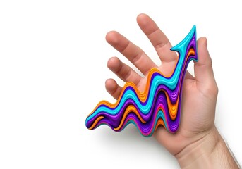 Hand holds vibrant colorful wavy upwards arrow symbolizing business growth and success