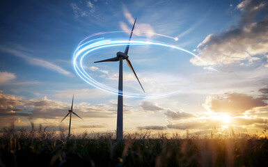 Wind turbines generate sustainable energy with glowing trails against a picturesque sunset, embodying clean technology and environmental responsibility