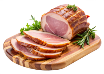 sliced smoked ham on wooden board isolated on white background PNG, AI GENERATED