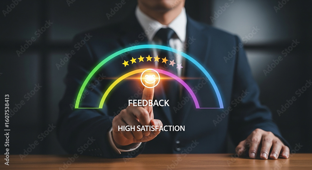 Poster businessman touching high satisfaction rating on colorful feedback scale with stars representing cus