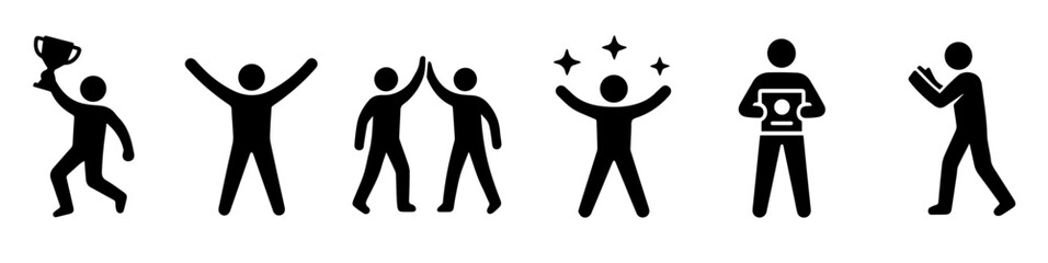 Black Silhouette Vector Set Showing Different Achievement Celebrations, Editable Formats: AI, EPS, JPG, PNG, Ideal for Both Digital and Print Use

