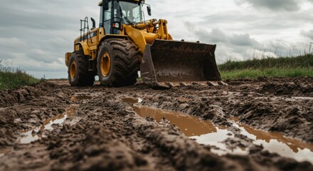 Yellow loader machine working on muddy terrain after rain construction transport industry heavy machinery vehicle