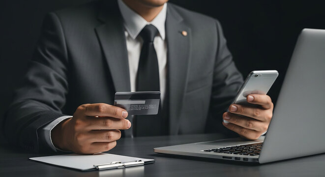 Businessman holding credit card and smartphone making online payment with laptop on desk representing mobile banking digital transaction and financial technology

