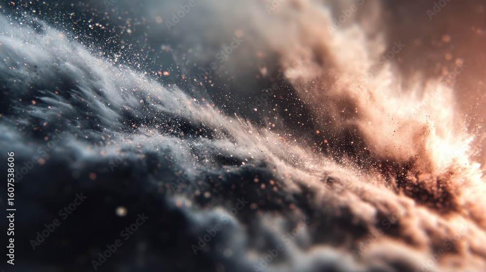 Poster swirling clouds of dust and particles illuminated by warm light in an abstract formation during a co