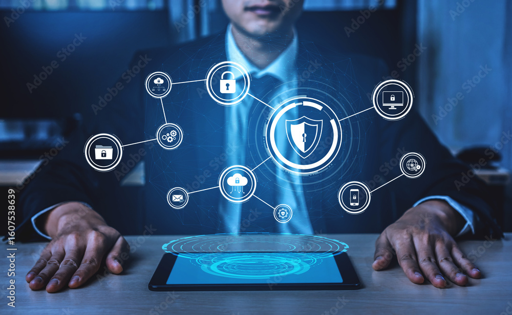 Poster cyber security protects against breaches, hacks, and network attacks using strong infrastructure and