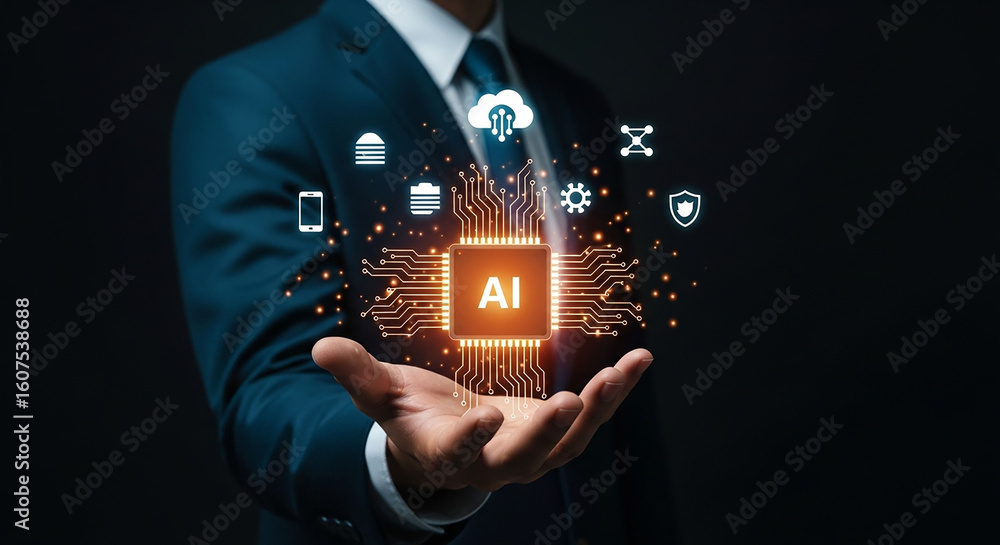 Poster businessman holding glowing ai icon with technology symbols representing artificial intelligence inn