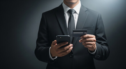 Businessman making online payment using smartphone and credit card representing mobile banking ecommerce digital transaction and financial technology concept

