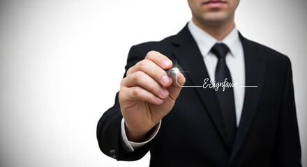 Businessman signing digital signature on virtual screen with pen in formal suit representing online contract agreement legal approval and electronic documentation

