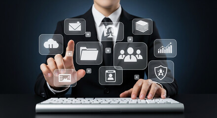 Businessman using virtual touchscreen interface with digital icons representing data management cloud storage communication analytics and team organization system

