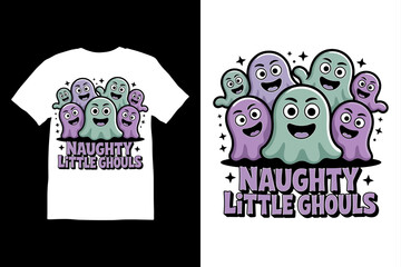Naughty Little Ghouls Halloween T-shirt design with white background.