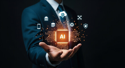 Businessman holding glowing AI icon with technology symbols representing artificial intelligence innovation machine learning and future digital transformation concept

